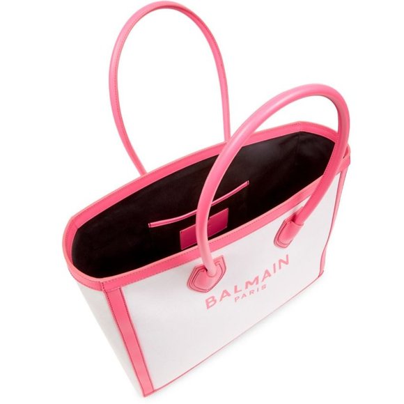 Balmain B-Army Leather Trimmed Canvas Tote Neo Pink White - Picture 2 of 11